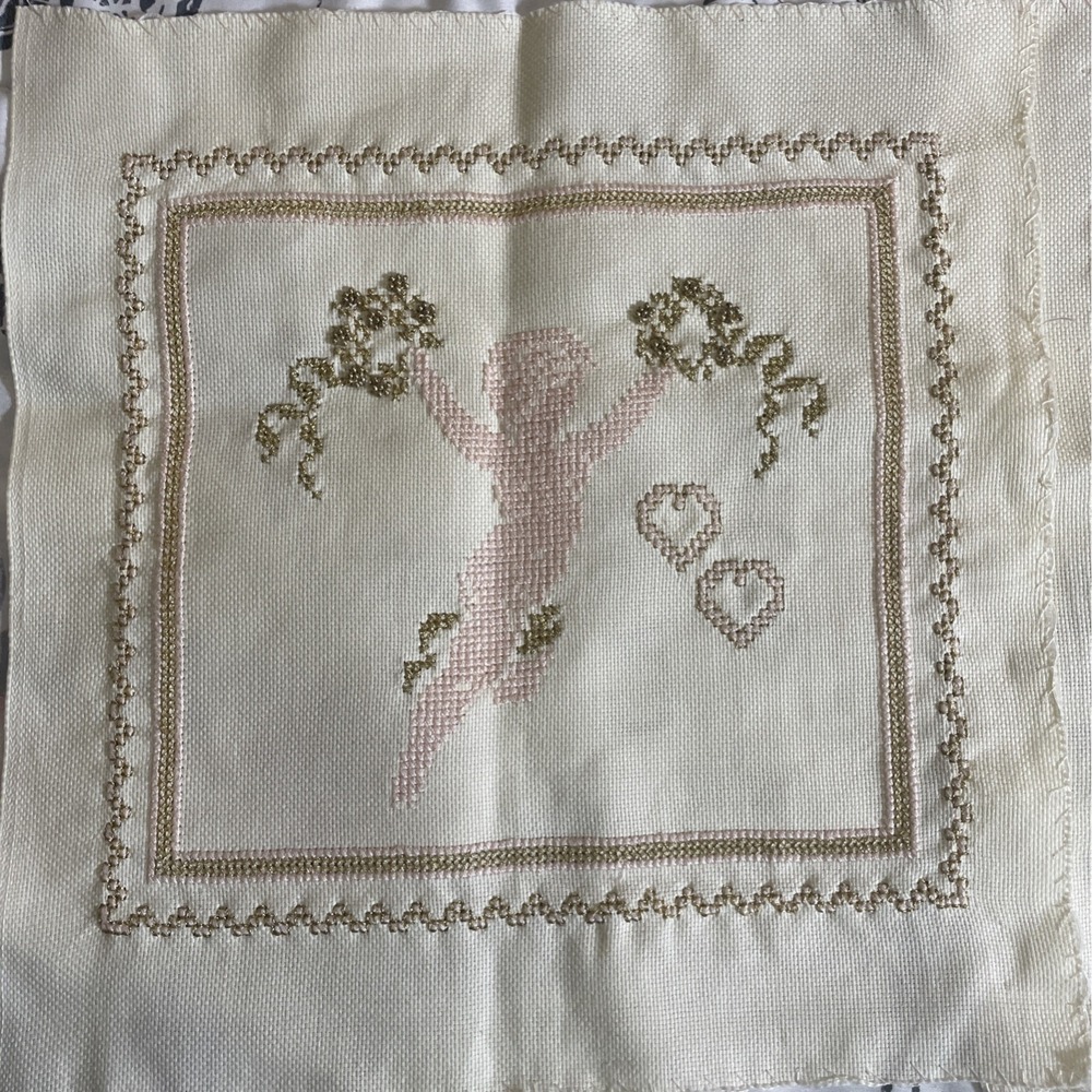 Vintage Lot Of‎ 2 Handmade Cross Stitch Cherubs 11"x11" Finished Ready To Frame